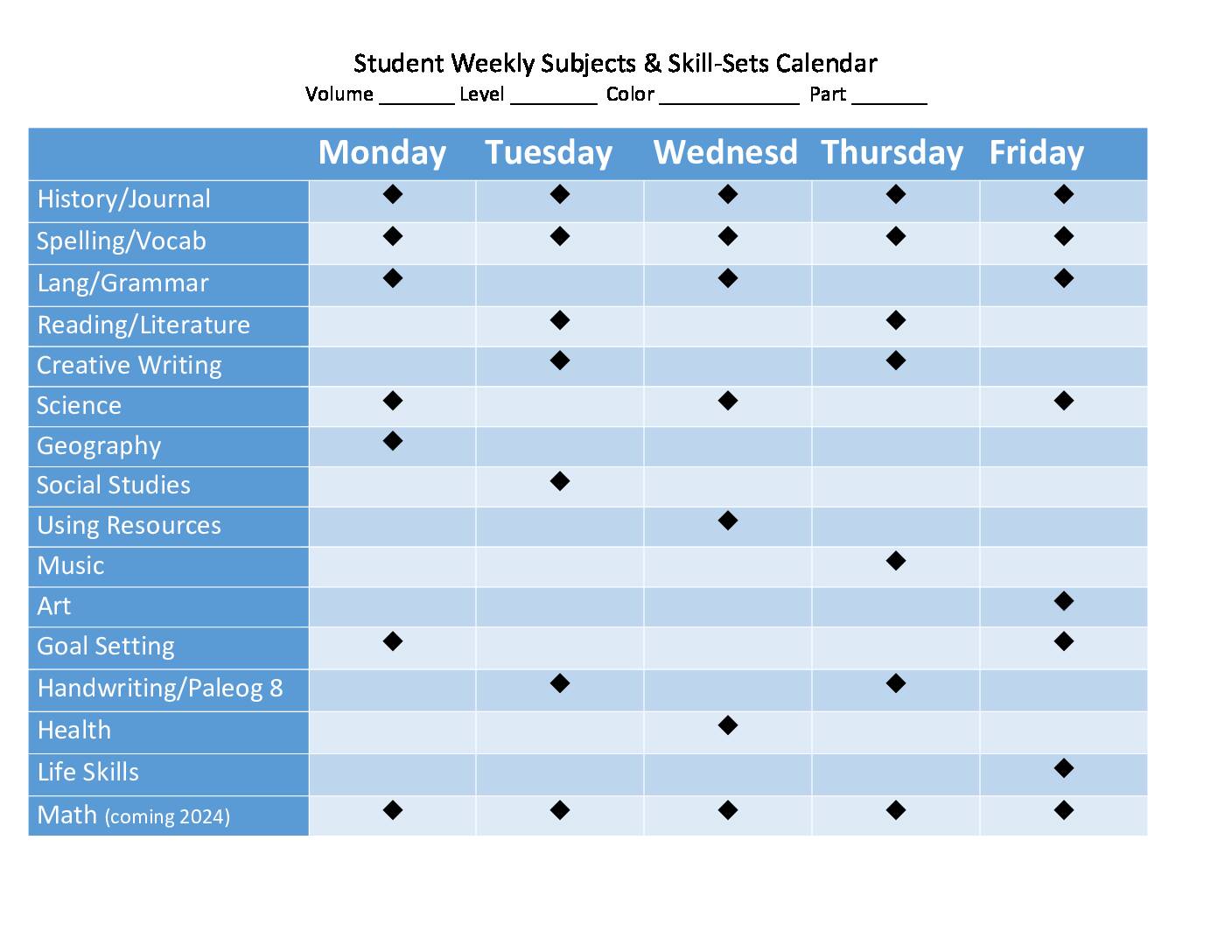 Student Weekly Subject Calendar Walk Beside Me Learning LDS Gospel